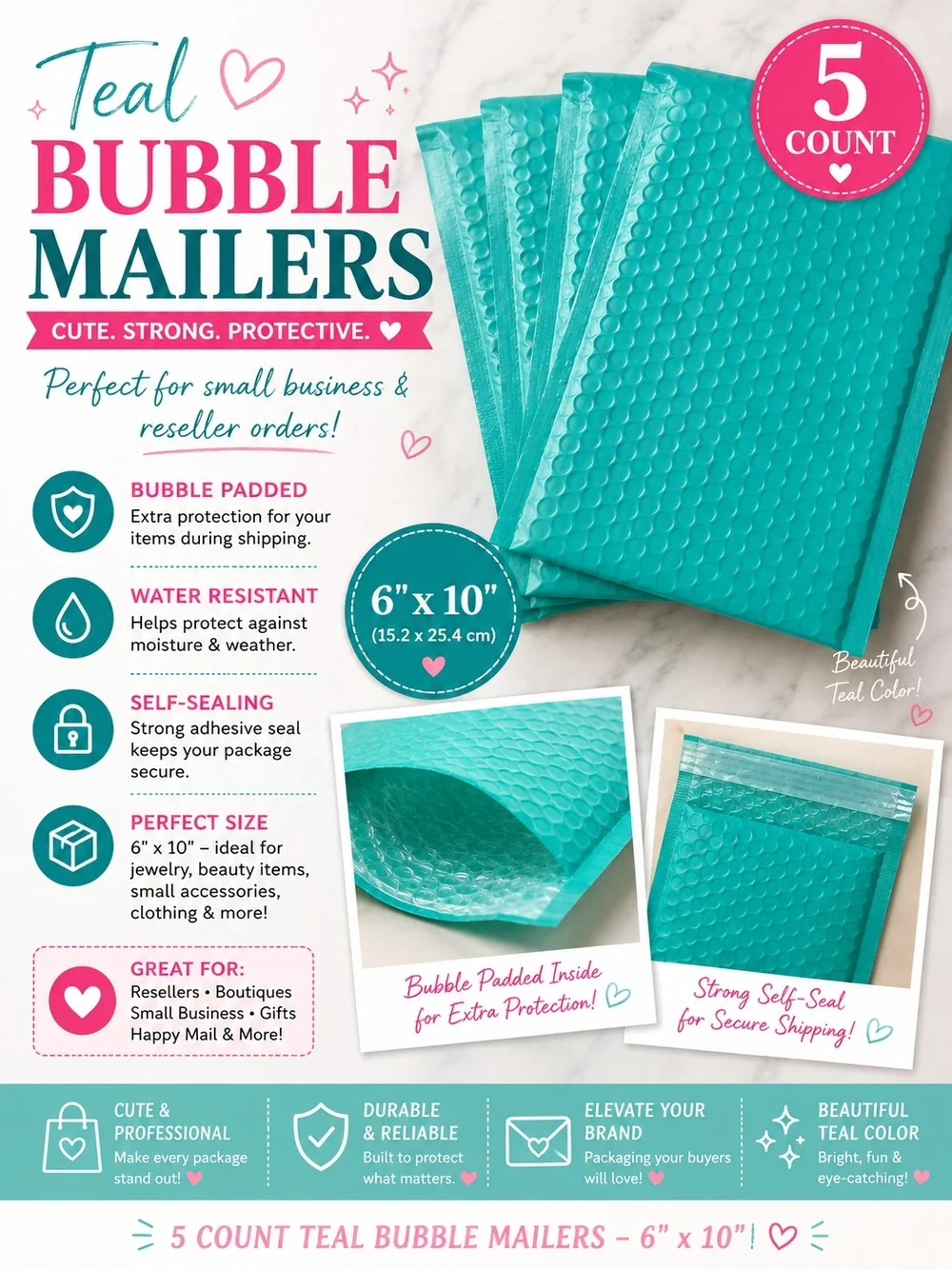 Teal Bubble Mailers - 5 Count Teal Padded Shipping Envelopes!!